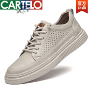卡帝樂鱷魚（CARTELO）47大碼皮鞋男款春季潮鏤空透氣真皮板鞋商務(wù)休閑運動男鞋 米白 41