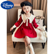 迪士尼（Disney）女童連衣裙2024寶寶洋氣裙子小女孩公主兒童娃娃領(lǐng)毛衣裙秋冬裝 紅色 90cm