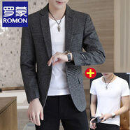 羅蒙（ROMON）男士西服休閑格子單上衣外套春秋季青年韓版修身千鳥(niǎo)格帥氣小西裝 深灰206西服+白色短=共2件 XL