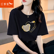 紅蜻蜓（RED DRAGONFLY）純棉短袖t恤女2025年夏季新款小熊百搭女裝打底短袖女上衣衫女士 黑色 XL 【建議120-130斤】
