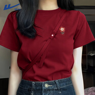 回力短袖女t恤夏季2025超火酒紅色顯白純棉半袖寬松高級(jí)胖mm大碼女裝