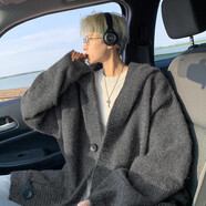 衣然呈品開(kāi)衫毛衣男春秋復古寬松慵懶風(fēng)加厚保暖針織衫外穿拉鏈線(xiàn)衣外套男 灰色口袋款 L【建議110-125斤】