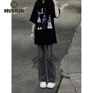 沐依琳牛仔褲女秋季新款高街微喇叭喇叭褲女學(xué)生寬松高腰顯瘦微喇長(cháng)褲 黑灰色（高品質(zhì)） S 建議【81-95斤】