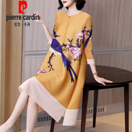 皮爾卡丹（pierre cardin）時(shí)尚印花褶皺連衣裙2025春夏新款洋氣小眾設計感寬松大碼裙子 黃色花鳥(niǎo) XL 建議120-130斤內