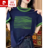 皮爾卡丹（pierre cardin）歐貨撞色拼接短袖t恤女2025夏季新款時尚百搭顯瘦圓領(lǐng)印花上衣潮 藏藍色【9609-波浪線】 XL 【115-130斤】