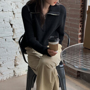 妮縷2024年秋冬新款拉鏈毛衣女寬松針織衫外穿打底洋氣上衣設計感小眾 黑色 均碼 【建議80-130斤】