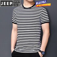JEEP SPIRIT夏季短袖男裝黑白色橫條紋體恤海魂衫純棉運(yùn)動(dòng)半袖復(fù)古聚會(huì)衫 黑色 XL