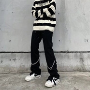 歌樸偉美式朋克工裝牛仔褲男潮牌鏈條街頭高街歐美hiphop炸街直筒褲子 黑色 L