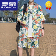 羅蒙（ROMON）2024高檔三亞旅行穿搭沙灘褲冰絲速干花短褲海邊度假男裝套裝 【兩件裝】S3330套裝 M 85到105斤