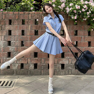 爾山集小個子翻領(lǐng)襯衫連衣裙女夏季2025新款學(xué)院風(fēng)氣質(zhì)收腰百褶短裙chic 藍條紋M（配腰帶）【95-105斤】