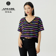 阿瑪施（AMASS）V領(lǐng)絢麗條紋短款套頭短袖T恤上衣女5301021 炫彩紫 S (2碼)