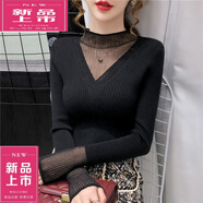 皮爾卡丹（pierre cardin）針織打底衫半高領(lǐng)網(wǎng)紗鏤空毛衣秋冬新款洋氣蕾絲拼接內(nèi)搭衫女 黑色 M