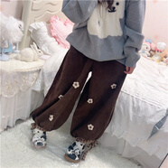 賢語(yǔ)日系森女花朵燈芯絨闊腿休閑褲學(xué)生寬松軟妹加絨加厚九分燈籠褲子 加絨 棕色(款) S