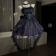 夏季新款韓版蝴蝶結拖尾大裙擺時(shí)尚修身顯瘦連衣裙短裙禮裙女精致 藍黑色 (不包含裙撐  自帶蓬度) XS