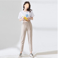 仙僖俫冰絲仿棉麻顯瘦蘿卜褲女夏韓版九分薄款休閑褲 杏色【清爽透氣】 M 建議95-105斤