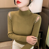 香影芬半高領(lǐng)打底衫女2025新款秋冬感釘珠露肩針織毛衣內搭修身上衣 軍綠色 M (建議95-105斤)