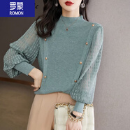 羅蒙（ROMON）女裝粉色小香風針織衫女春秋季23新款半高領打底衫短款燈籠袖毛衣 淺綠色 L