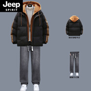 JEEP SPIRIT秋冬季男孩運動休閑套裝加厚棉服潮流高中學生棉衣搭配三件套棉襖 款式二、黑色棉衣+加絨牛仔褲 S 65-85斤