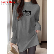 LOVER RUCCI配鯊魚褲的上衣半高領(lǐng)中長款打底衫女秋冬磨毛內(nèi)搭遮屁股長袖t恤 灰色(磨毛款)-MYSTAR四行字母 2XL 推薦145-180斤