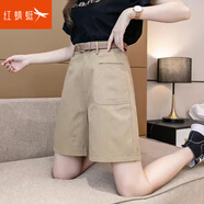 紅蜻蜓短褲女高腰工裝皮帶休閑褲女2025年夏季新款女裝A字女士闊腿褲 卡其色（配腰帶） L