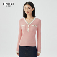 深呼吸DEEP BREATH女裝V領(lǐng)裝飾扣拼色修身小香風(fēng)羊毛針織衫女A301120 櫻花粉 XL (5碼)