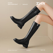 ZHR長筒靴女過膝皮帶扣便捷拉鏈皮靴增高顯瘦女靴女鞋加絨保暖騎士靴 黑色（BL323A-扣飾款-加絨） 37