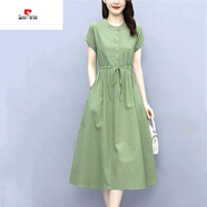 皮爾卡丹（pierre cardin）高檔中年婦女麻料顯瘦遮肚子減齡氣質(zhì)棉麻連衣裙女2022新款夏季時(shí) 綠色(關(guān)注店鋪優(yōu)先發(fā)貨) L(建議101-115斤)