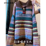 BTTKDL時(shí)尚復(fù)古彩色撞色翻領(lǐng)套頭毛衣女秋冬慵懶風(fēng)軟糯顯瘦百搭外穿針織 花色 S