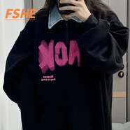 FSHE美式復(fù)古牛仔拼接polo領(lǐng)衛(wèi)衣女秋冬季寬松加絨外套高街潮牌上衣 黑色加絨 L 105-120斤