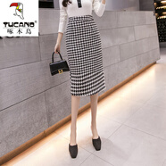啄木鳥(niǎo)2025年秋冬季新款毛呢半身裙女千鳥(niǎo)格子春高腰顯瘦開(kāi)叉中長(cháng)款包臀 黑格 S