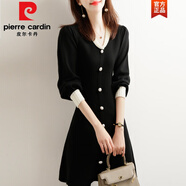 皮爾卡丹（pierre cardin）法式氣質黑色釘珠V領針織連衣裙女秋季新款珍珠單排扣中長款裙子 黑色 S