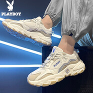 花花公子（PLAYBOY）鞋子男鞋2025秋季新款運動(dòng)跑步鞋男休閑厚底增高老爹鞋 杏白色122705178 43