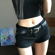 冉藝嵐同款黑色低腰牛仔超短褲女夏包臀y2k輕亞文化熱褲美式辣妹彈力褲 黑色【送同款腰帶】 S