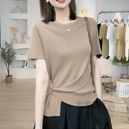 裳淇冰絲春款毛衣女時(shí)尚洋氣女裝毛線衣正肩短袖t恤女夏季寬松顯瘦下 卡其色【輕奢高定/2023夏裝夏天/ S 【建議80-98斤】