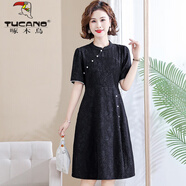 啄木鳥(niǎo)小個(gè)子媽媽夏裝改良旗袍連衣裙氣質(zhì)國風(fēng)50歲40中年短袖蕾絲 黑色 XL 建議85-108斤