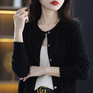 五個(gè)橘子針織衫女開衫 2022初秋新款女裝韓版別致溫柔圓領(lǐng)針織開衫女修身顯瘦長(zhǎng)袖外搭洋氣毛衣短外套女 黑色 均碼(90-130斤)
