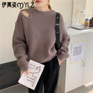 伊離姿韓版慵懶風露肩針織衫長袖個性毛衣女潮小心機鏤空設計感秋冬短款 咖色 S