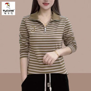 啄木鳥(niǎo)條紋長(cháng)袖t恤女士2025春秋新款棉中年媽m媽polo衫洋氣打底衫上衣 秋香黃 3XL(建議145斤-160斤)