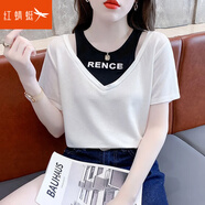 紅蜻蜓（RED DRAGONFLY）拼接假兩件純棉短袖t恤女裝夏季年新款設計感小眾寬松上衣服 白色 L 適合110-119斤