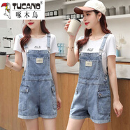 啄木鳥(niǎo)新款牛仔背帶褲女夏天新款時(shí)尚休閑吊帶短褲高腰顯瘦牛仔褲闊腿褲 8638#背帶褲【圖片款】 S碼【建議80-100斤】
