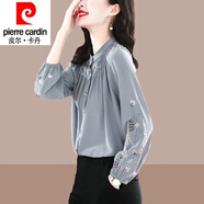 皮爾卡丹（pierre cardin）23年新款刺繡真絲襯衫女春秋長(cháng)袖襯衣寬松顯瘦小眾桑蠶絲碎花上衣 灰藍 4XL 151-160斤