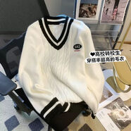 榆颯毛衣女冬款2024新款少女學(xué)院風(fēng)撞色V領(lǐng)針織衫秋冬寬松慵懶風(fēng)麻花 米白色 M(90-110)斤