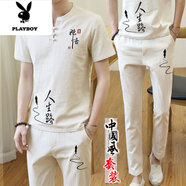 花花公子（PLAYBOY）棉麻套裝男夏季漢服古裝衣服潮刺繡亞麻一身t恤男佛系唐裝中國風(fēng) 人生路杏色(九分褲套裝) 3XL 146-156斤