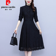 皮爾卡丹（pierre cardin）黑色長(cháng)袖蕾絲連衣裙女感秋冬季加絨加厚氣質(zhì)打底裙子 黑色 XL 【105-120斤】