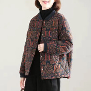 霏楚加厚夾棉2024秋冬新款棉衣女韓版印花復古短款棉服加厚保暖短外套 紅色 L 建議120斤以內