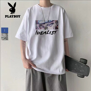 花花公子（PLAYBOY）純棉短袖t恤男2025夏季新款美式ins帥氣寬松情侶打底半袖體.恤潮 白色(佩恩) 重磅純棉 3XL (160-180斤)