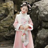 汪小荷童裝漢服中式女童套裙24冬季新款國風(fēng)加絨兩件套古風(fēng)拜年服 粉色 150
