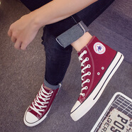 人本（RENBEN）夏季學(xué)生高幫帆布鞋男百搭青少年平底休閑板鞋情侶潮流韓版小白鞋 酒紅色 高幫 41男款