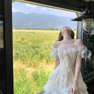 元蓓盈2025新款蝴蝶仙女收腰泡泡公主前短后長(cháng)一字感小眾連衣裙 主圖款 L