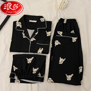 浪莎（LangSha）奶fufu純棉紗布睡衣女春夏季短袖長(zhǎng)褲短褲三件套裝可愛(ài)卡通家居服 平紋-黑色小奶狗短.袖+短褲+長(zhǎng)褲 L 女款100-120斤穿】